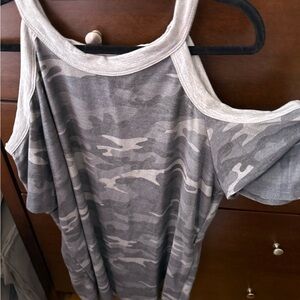 Gray Camouflage Cold Shoulder Top